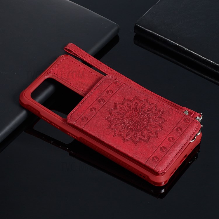 Imprint Sunflower PU Leather Coated TPU Phone Case for Samsung Galaxy S20 Ultra - Red-10