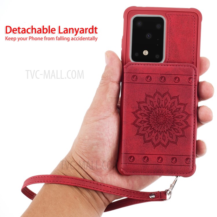 Imprint Sunflower PU Leather Coated TPU Phone Case for Samsung Galaxy S20 Ultra/S11 Plus - Red-8