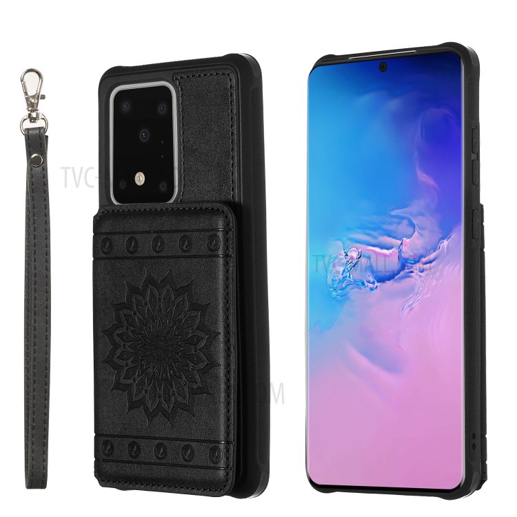 Imprint Sunflower PU Leather Coated TPU Phone Case for Samsung Galaxy S20 Ultra - Black-1