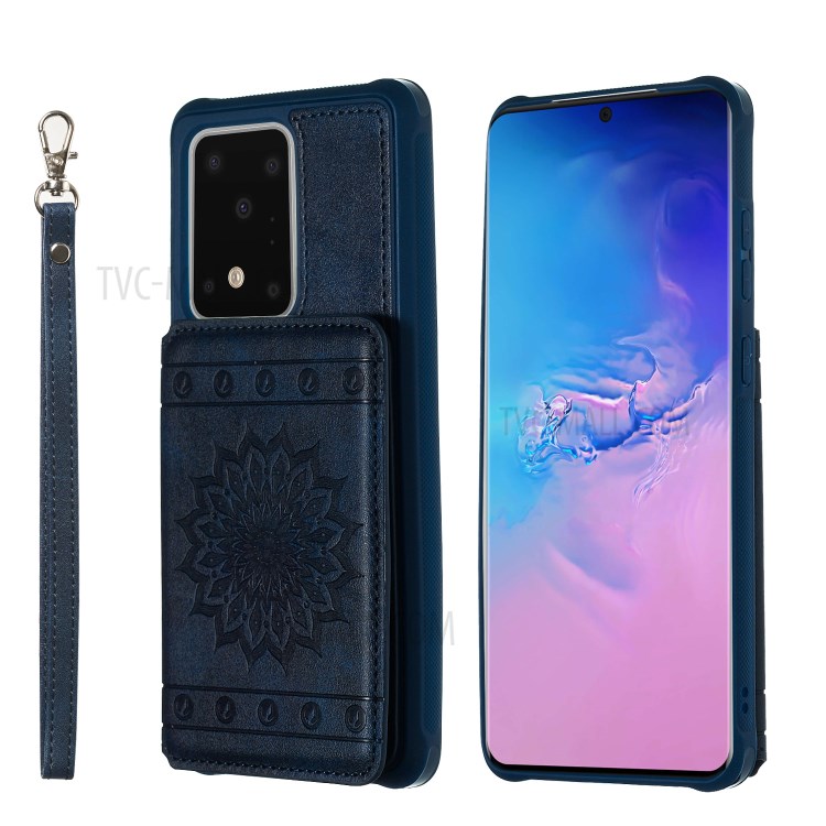 Imprint Sunflower PU Leather Coated TPU Phone Case for Samsung Galaxy S20 Ultra - Blue-1