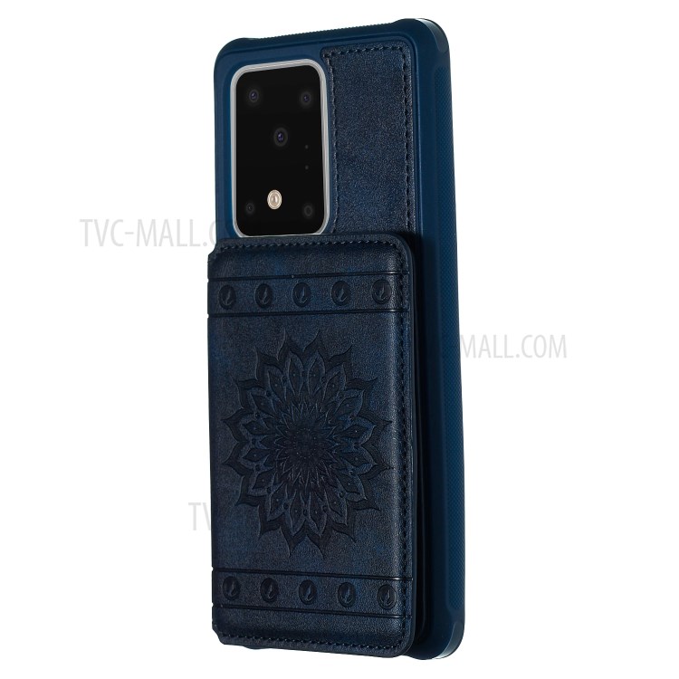 Imprint Sunflower PU Leather Coated TPU Phone Case for Samsung Galaxy S20 Ultra - Blue-2