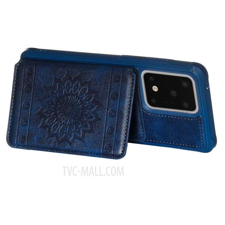 Imprint Sunflower PU Leather Coated TPU Phone Case for Samsung Galaxy S20 Ultra - Blue-5