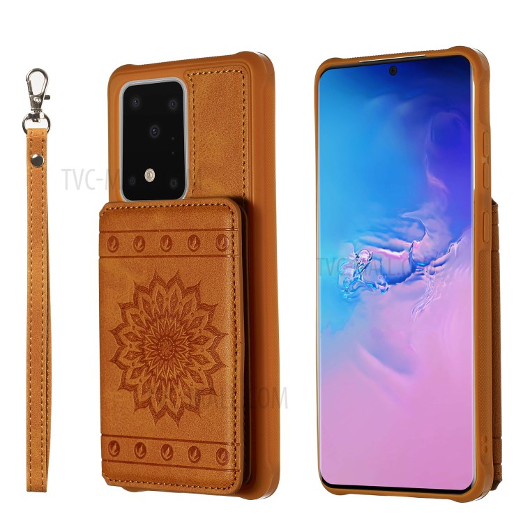 Imprint Sunflower PU Leather Coated TPU Phone Case for Samsung Galaxy S20 Ultra - Brown-1