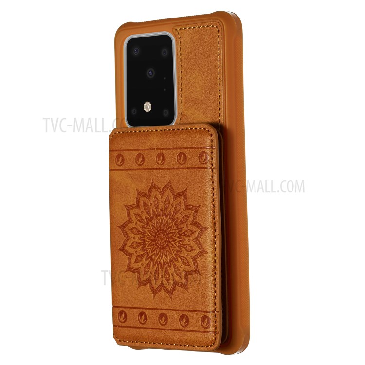 Imprint Sunflower PU Leather Coated TPU Phone Case for Samsung Galaxy S20 Ultra - Brown-2
