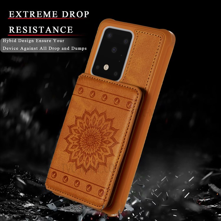 Imprint Sunflower PU Leather Coated TPU Phone Case for Samsung Galaxy S20 Ultra - Brown-8