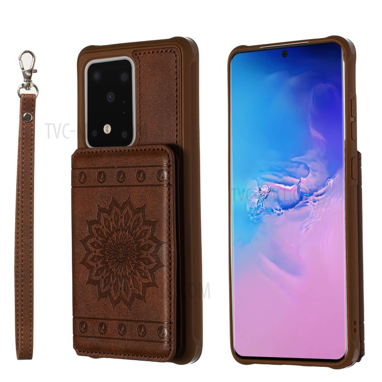 Imprint Sunflower PU Leather Coated TPU Phone Case for Samsung Galaxy S20 Ultra - Coffee-1