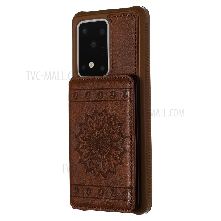 Imprint Sunflower PU Leather Coated TPU Phone Case for Samsung Galaxy S20 Ultra - Coffee-2