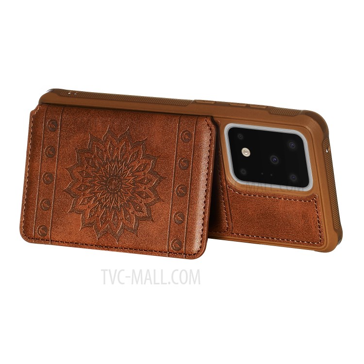 Imprint Sunflower PU Leather Coated TPU Phone Case for Samsung Galaxy S20 Ultra - Coffee-5