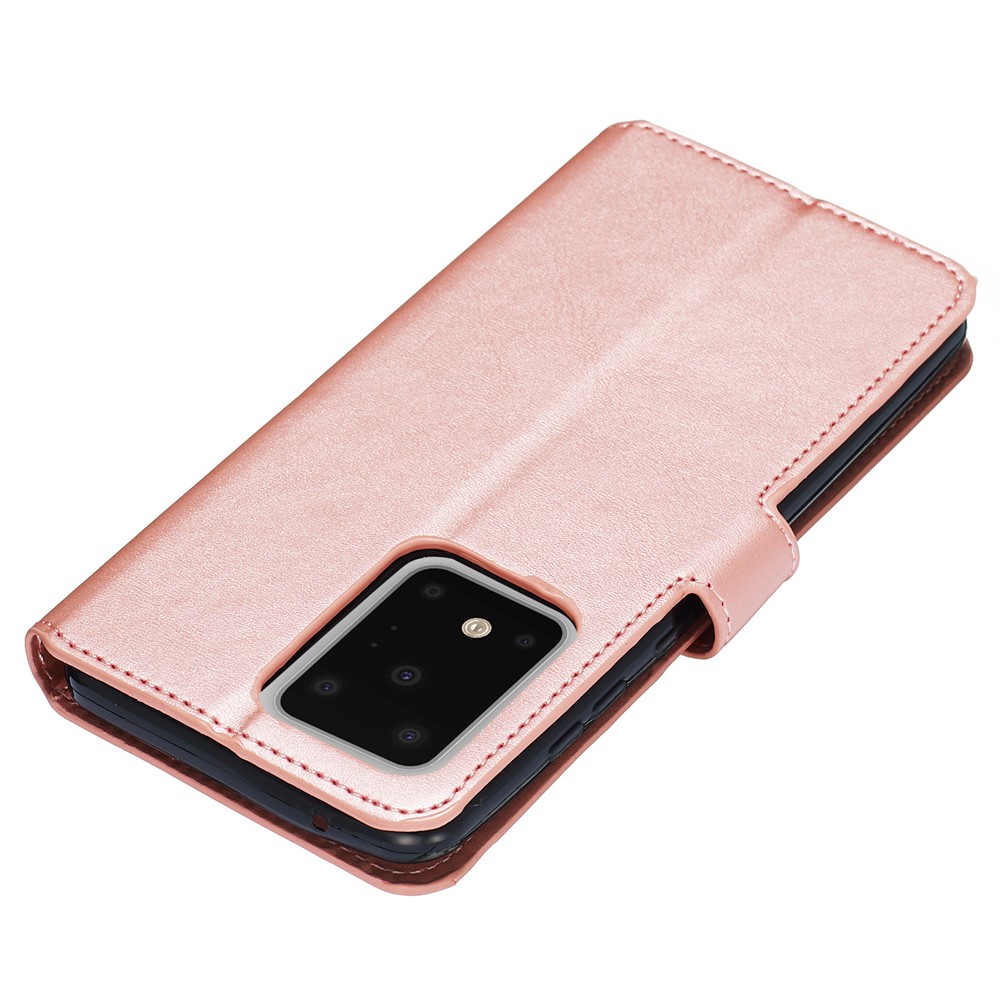Solid Color Classic Flip Leather Wallet Phone Casing for Samsung Galaxy S20 Ultra - Rose Gold-4