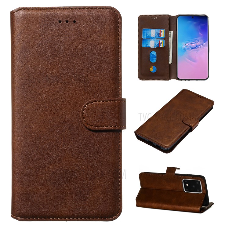 Solid Color Classic Flip Leather Wallet Phone Casing for Samsung Galaxy S20 Ultra - Brown-1