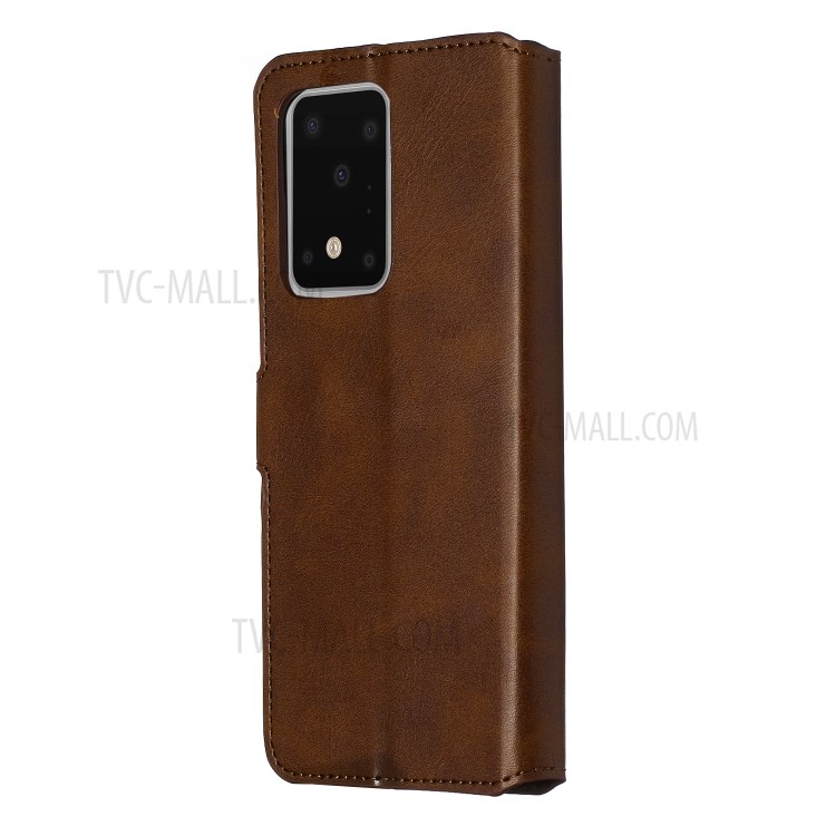 Solid Color Classic Flip Leather Wallet Phone Casing for Samsung Galaxy S20 Ultra - Brown-6