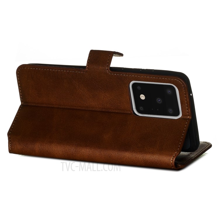 Solid Color Classic Flip Leather Wallet Phone Casing for Samsung Galaxy S20 Ultra - Brown-8
