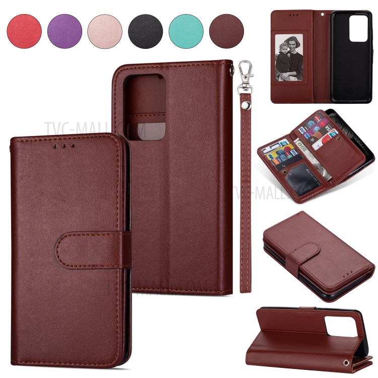 With 9 Card Slots Cell Phone Leather Case for Samsung Galaxy S20 Plus - Brown-1