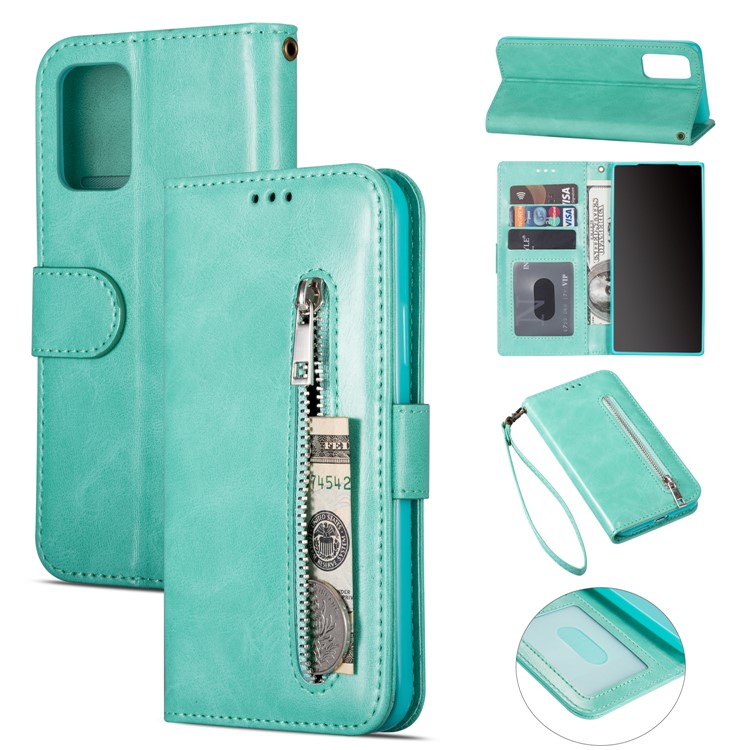 Zipper Pocket Leather with Wallet Shell for Samsung Galaxy S20 - Green-1