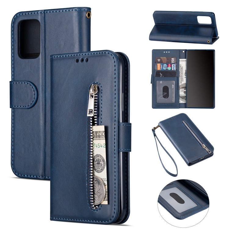Zipper Pocket Leather with Wallet Shell for Samsung Galaxy S20 - Blue-1