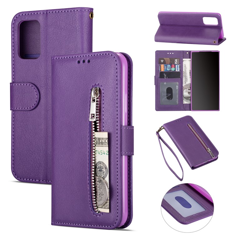 Zipper Pocket Leather with Wallet Shell for Samsung Galaxy S20 - Purple-1