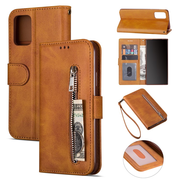 Zipper Pocket Leather with Wallet Shell for Samsung Galaxy S20 - Brown-1