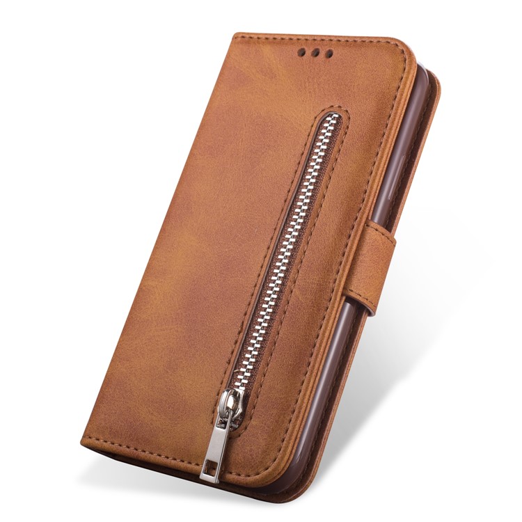 Zipper Pocket Leather with Wallet Shell for Samsung Galaxy S20 - Brown-2