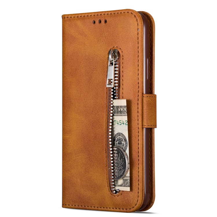 Zipper Pocket Leather with Wallet Shell for Samsung Galaxy S20 - Brown-3