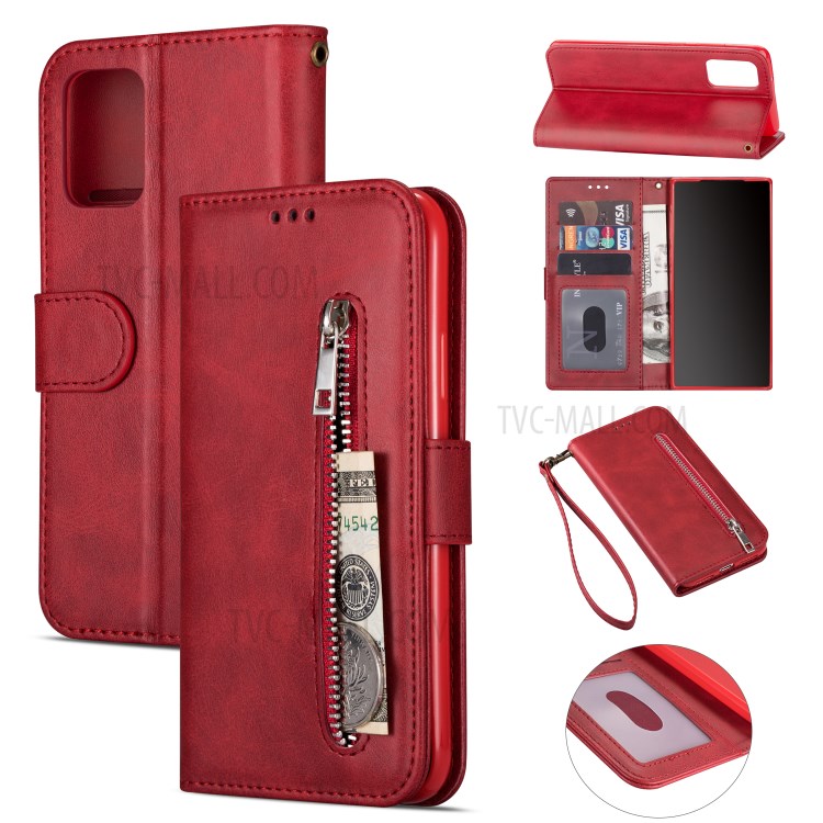 Zipper Pocket Leather Wallet Phone Shell for Samsung Galaxy S20 Ultra - Red-1