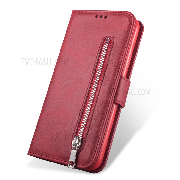 Zipper Pocket Leather Wallet Phone Shell for Samsung Galaxy S20 Ultra - Red-2