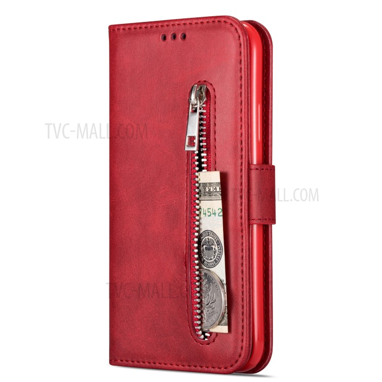 Zipper Pocket Leather Wallet Phone Shell for Samsung Galaxy S20 Ultra - Red-3