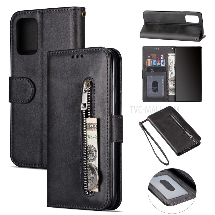 Zipper Pocket Leather Wallet Phone Shell for Samsung Galaxy S20 Ultra - Black-1