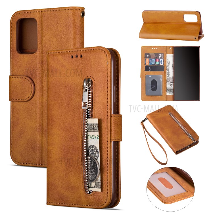 Zipper Pocket Leather Wallet Phone Shell for Samsung Galaxy S20 Ultra - Brown-1