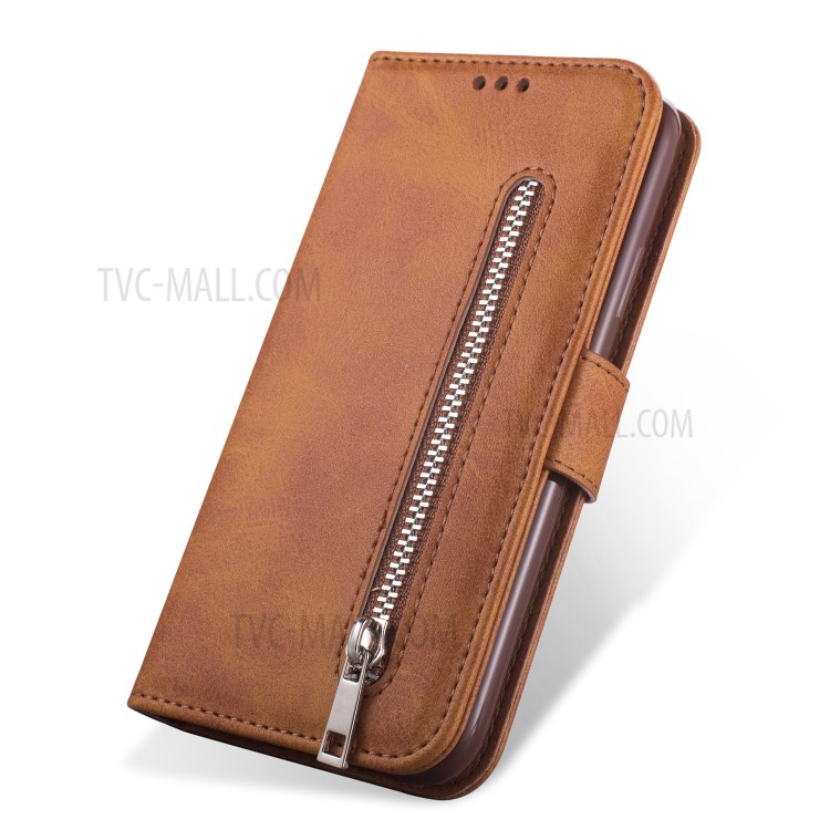Zipper Pocket Leather Wallet Phone Shell for Samsung Galaxy S20 Ultra - Brown-2