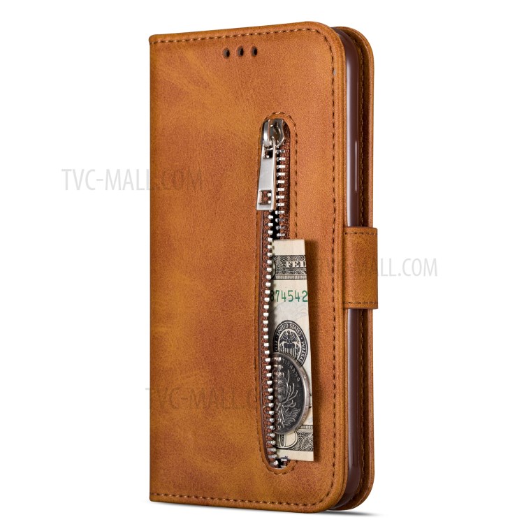 Zipper Pocket Leather Wallet Phone Shell for Samsung Galaxy S20 Ultra - Brown-4