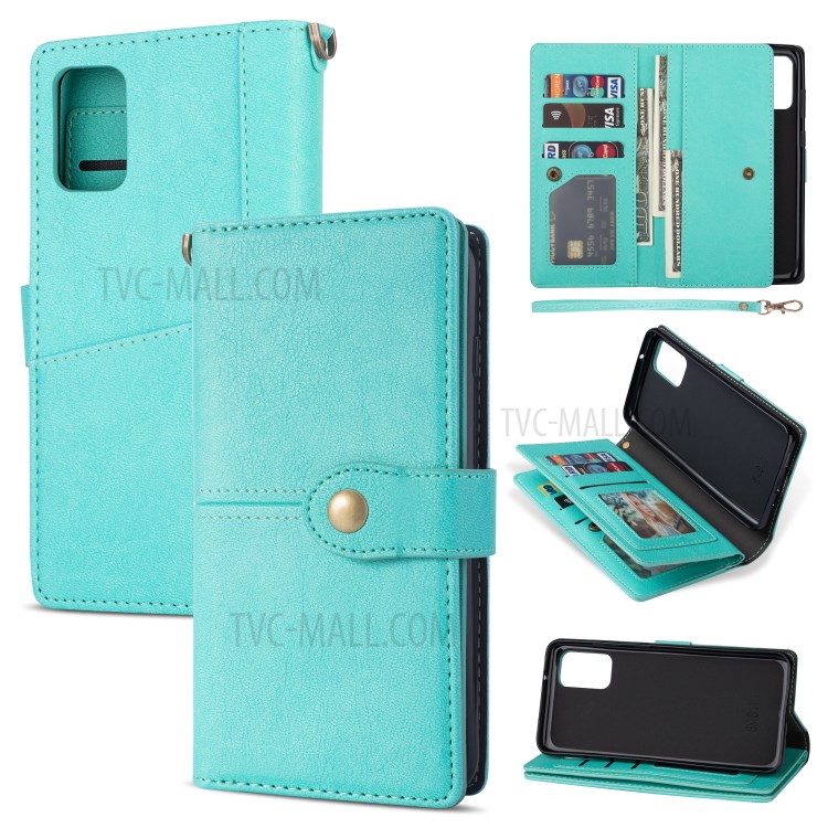 Retro Metal Buckle Wallet Stand Leather Case for Samsung Galaxy S20 Plus - Cyan-1