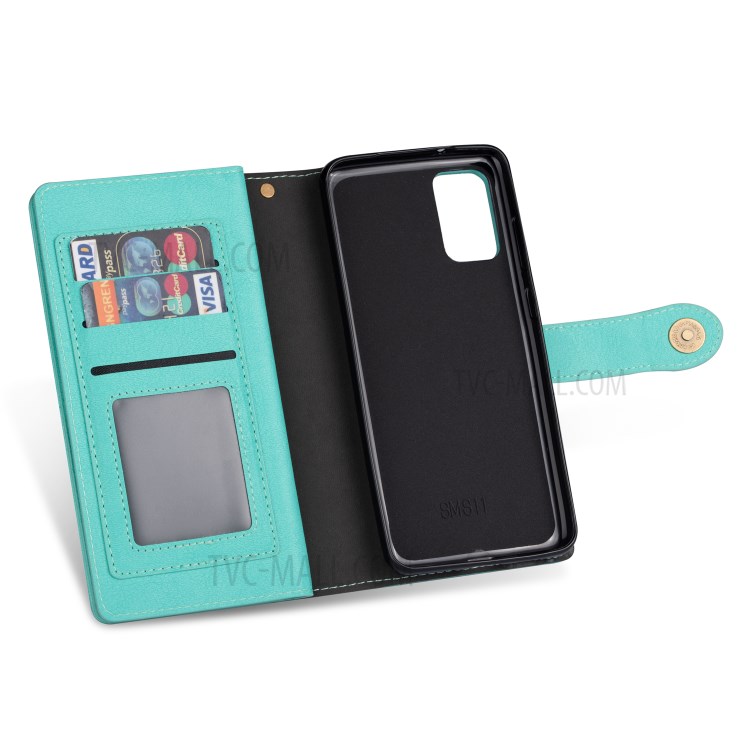 Retro Metal Buckle Wallet Stand Leather Case for Samsung Galaxy S20 Plus - Cyan-9