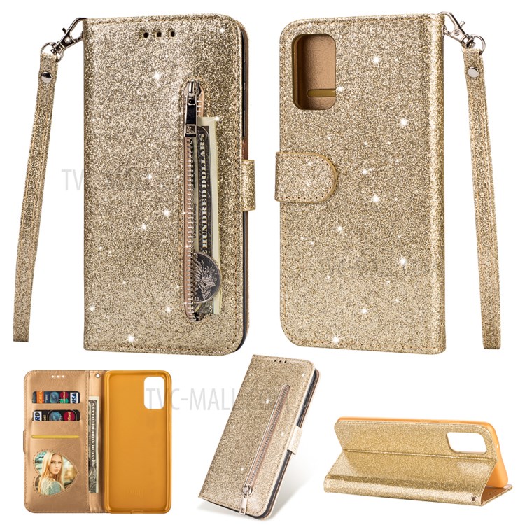 Flash Powder Zipper Pocket Leather Wallet Case for Samsung Galaxy S20 Ultra - Gold-1