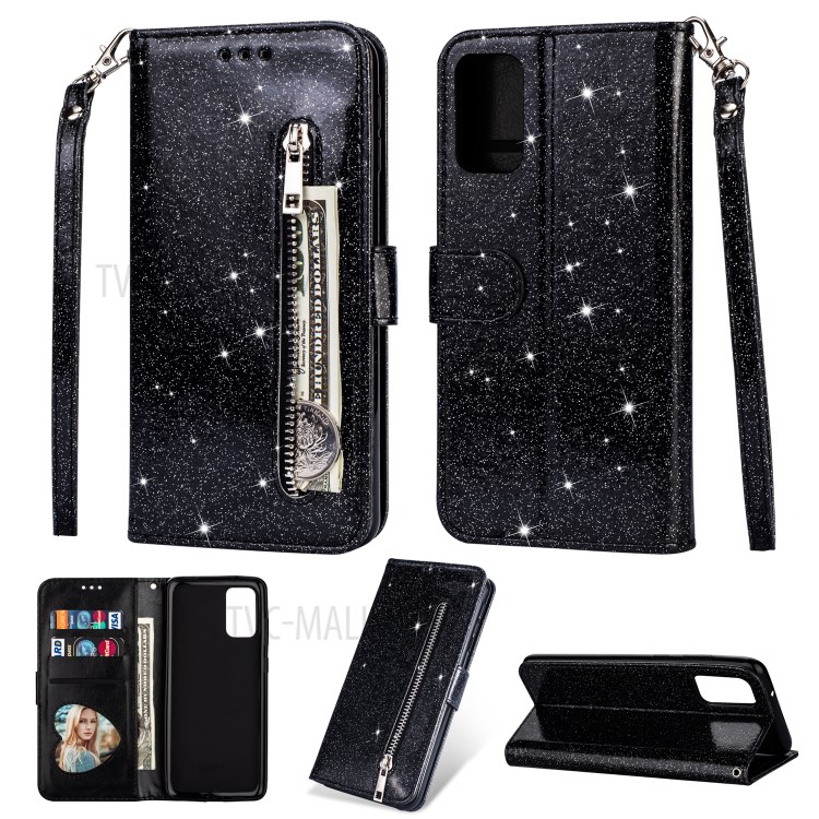 Flash Powder Zipper Pocket Leather Wallet Case for Samsung Galaxy S20 Ultra - Black-1