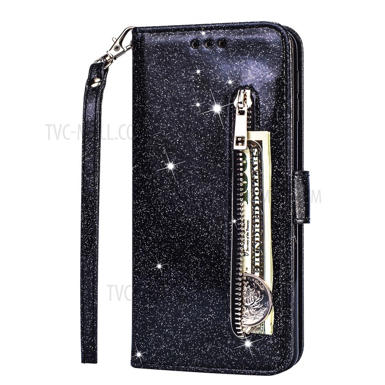 Flash Powder Zipper Pocket Leather Wallet Case for Samsung Galaxy S20 Ultra - Black-3