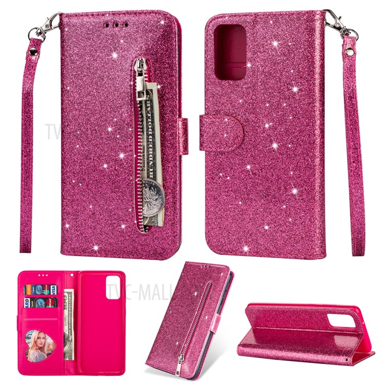 Flash Powder Zipper Pocket Leather Wallet Case for Samsung Galaxy S20 Ultra - Rose-1