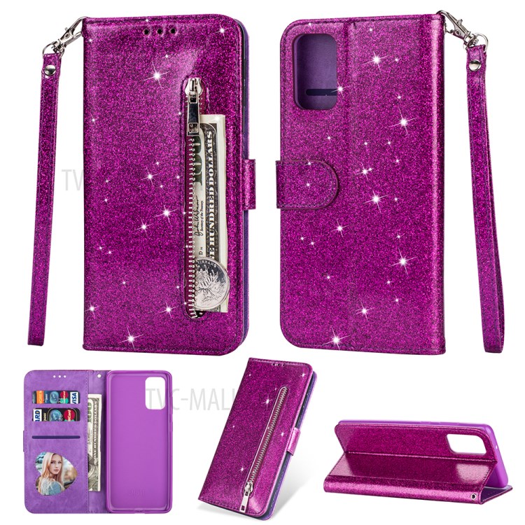 Flash Powder Zipper Pocket Leather Wallet Case for Samsung Galaxy S20 Ultra - Purple-1