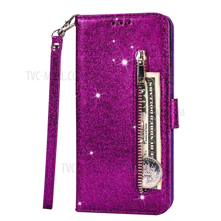Flash Powder Zipper Pocket Leather Wallet Case for Samsung Galaxy S20 Ultra - Purple-2