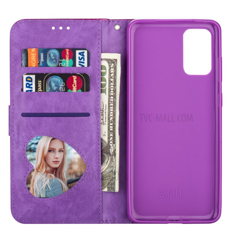 Flash Powder Zipper Pocket Leather Wallet Case for Samsung Galaxy S20 Ultra - Purple-3