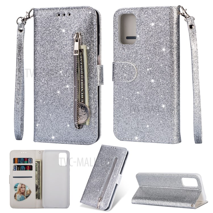 Flash Powder Zipper Pocket Leather Wallet Case for Samsung Galaxy S20 Ultra - Silver-1