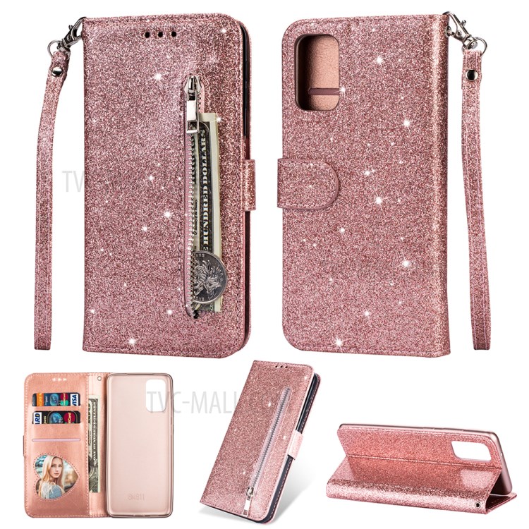 Flash Powder Zipper Pocket Leather Wallet Case for Samsung Galaxy S20 Ultra - Rose Gold-1