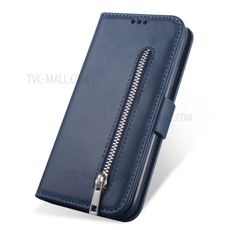 Zipper Pocket Wallet Stand Flip Leather Phone Case with Strap for Samsung Galaxy S20 Plus - Blue-2
