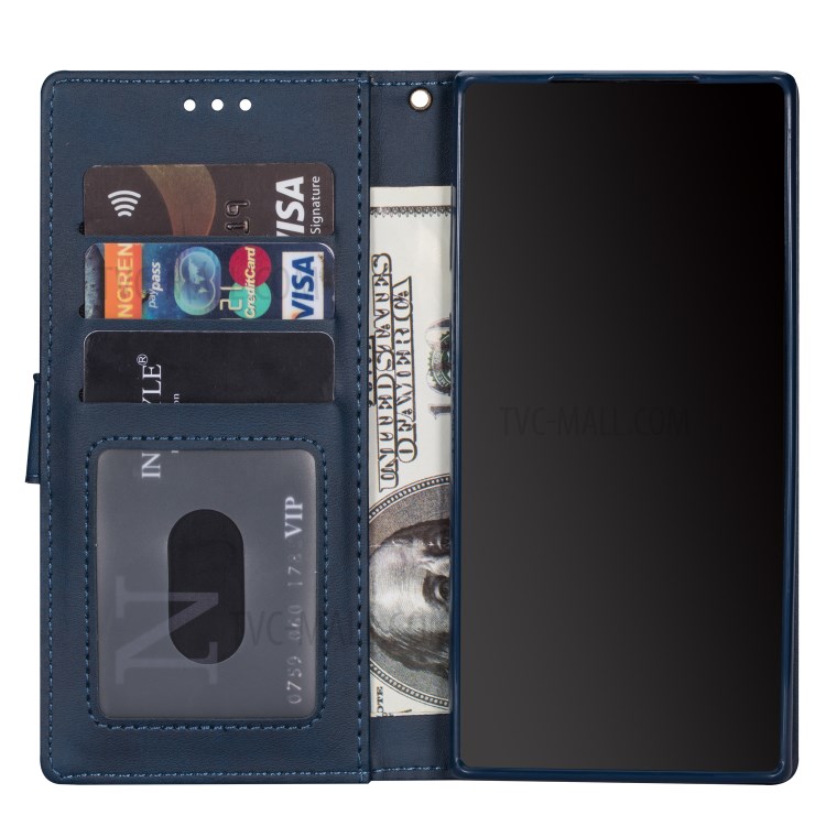 Zipper Pocket Wallet Stand Flip Leather Phone Case with Strap for Samsung Galaxy S20 Plus - Blue-7