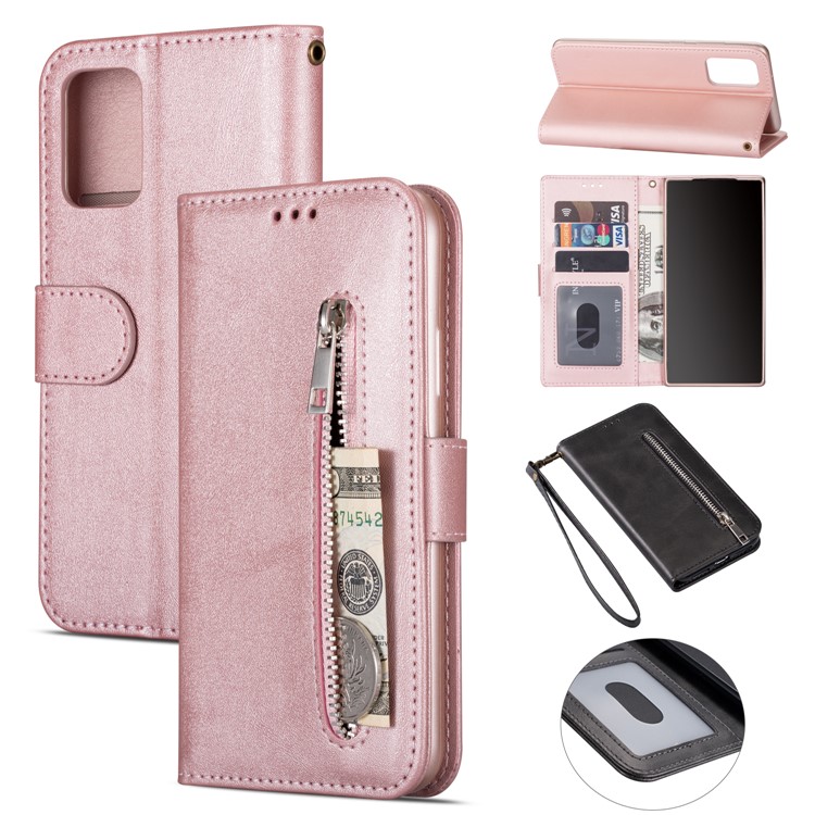 Zipper Pocket Wallet Stand Flip Leather Phone Case with Strap for Samsung Galaxy S20 Plus - Rose Gold-1
