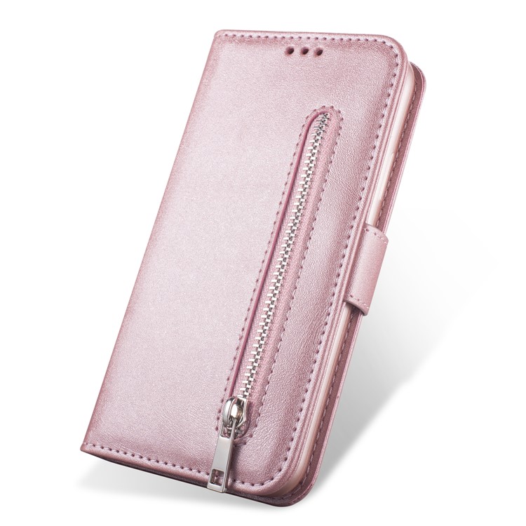 Zipper Pocket Wallet Stand Flip Leather Phone Case with Strap for Samsung Galaxy S20 Plus - Rose Gold-2