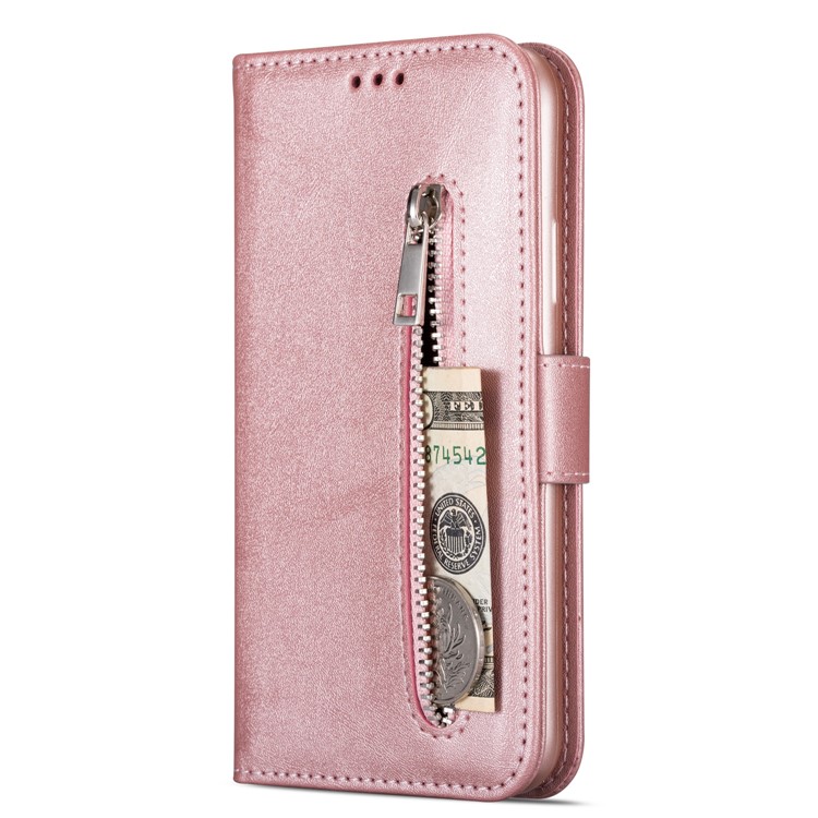 Zipper Pocket Wallet Stand Flip Leather Phone Case with Strap for Samsung Galaxy S20 Plus - Rose Gold-4