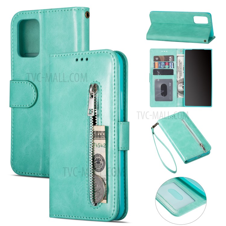 Zipper Pocket Wallet Stand Flip Leather Phone Case with Strap for Samsung Galaxy S20 Plus - Green-1