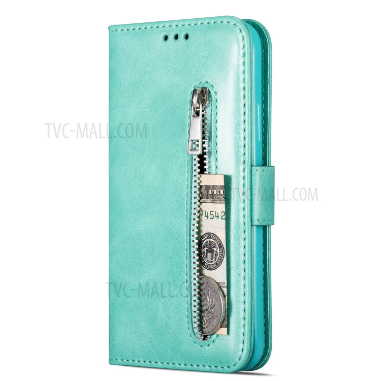 Zipper Pocket Wallet Stand Flip Leather Phone Case with Strap for Samsung Galaxy S20 Plus - Green-4