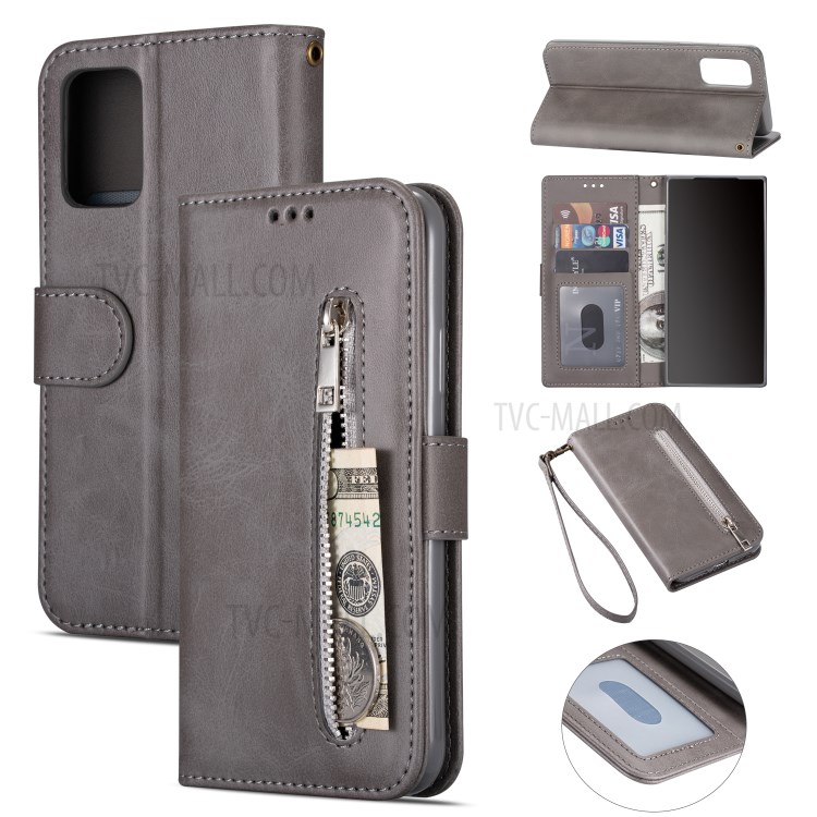 Zipper Pocket Wallet Stand Flip Leather Phone Case with Strap for Samsung Galaxy S20 Plus - Grey-1
