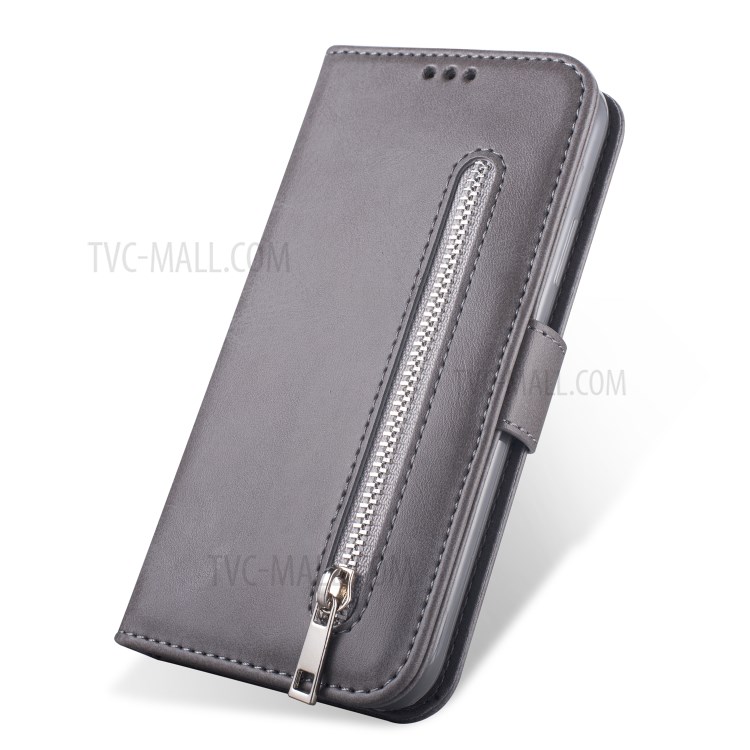 Zipper Pocket Wallet Stand Flip Leather Phone Case with Strap for Samsung Galaxy S20 Plus - Grey-2